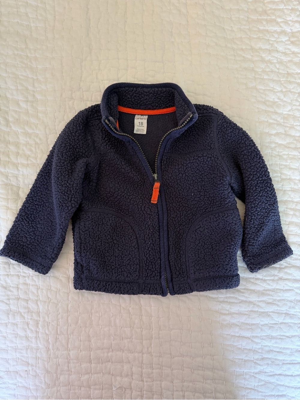 Carter’s Toddler Navy Sherpa Zip Jacket with Orange Trim, 18MO
